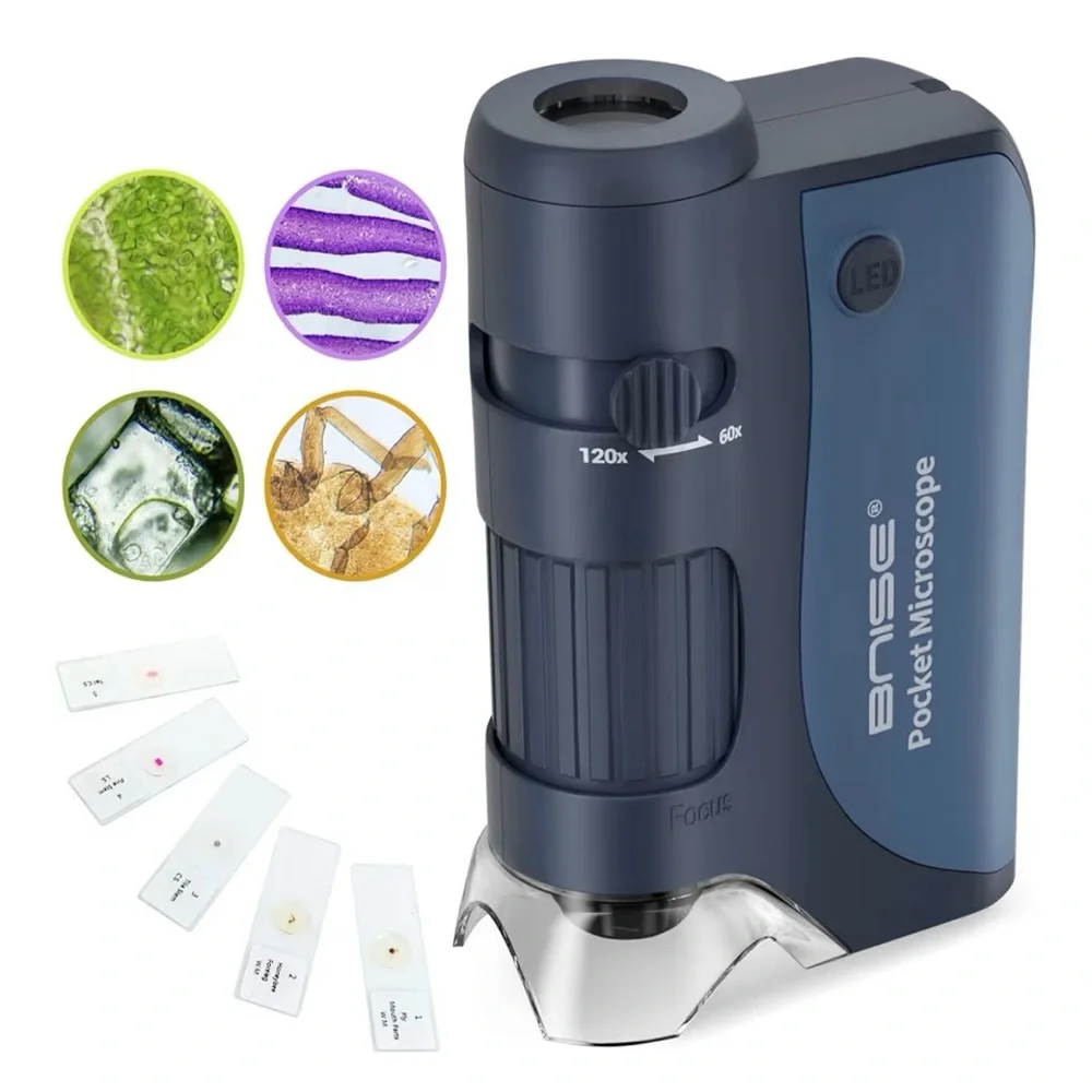 Pocket Microscope 60X-120X‎ LED Handheld Kids Science Mini Microscope w/ Slides